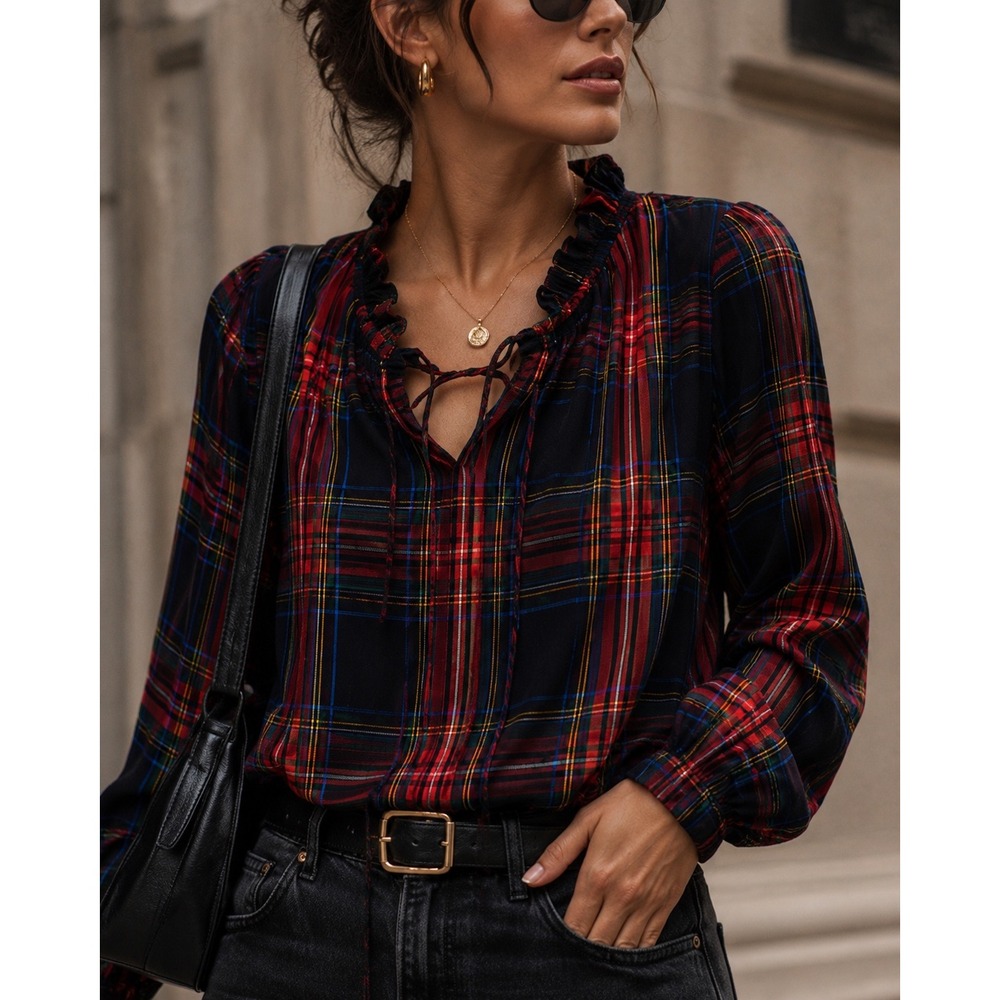 J.Crew Women Red Black Stewart Plaid Ruffle Tie Neck Scallop Sleeve Blouse M